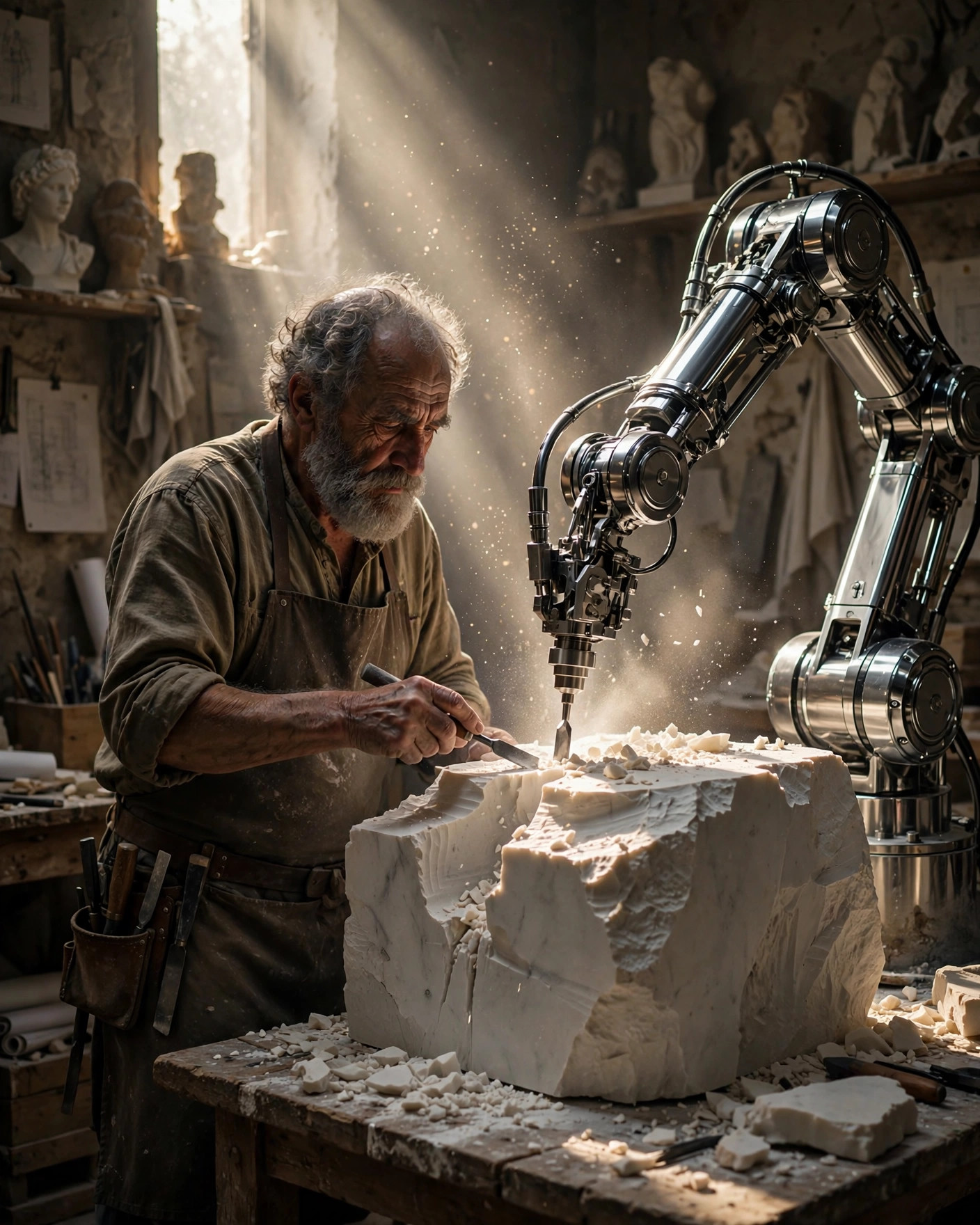 An old master sculptor and a chrome robotic arm carving the same block of marble