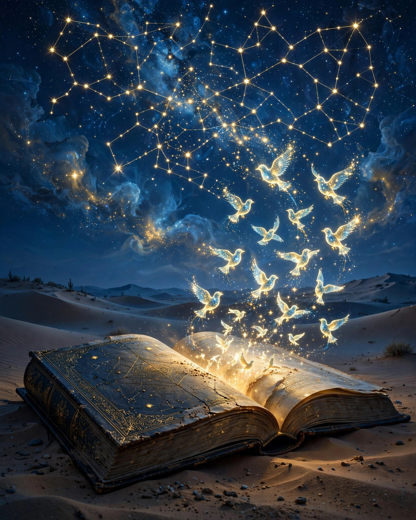 A giant open book in a night desert releasing luminous birds into constellations
