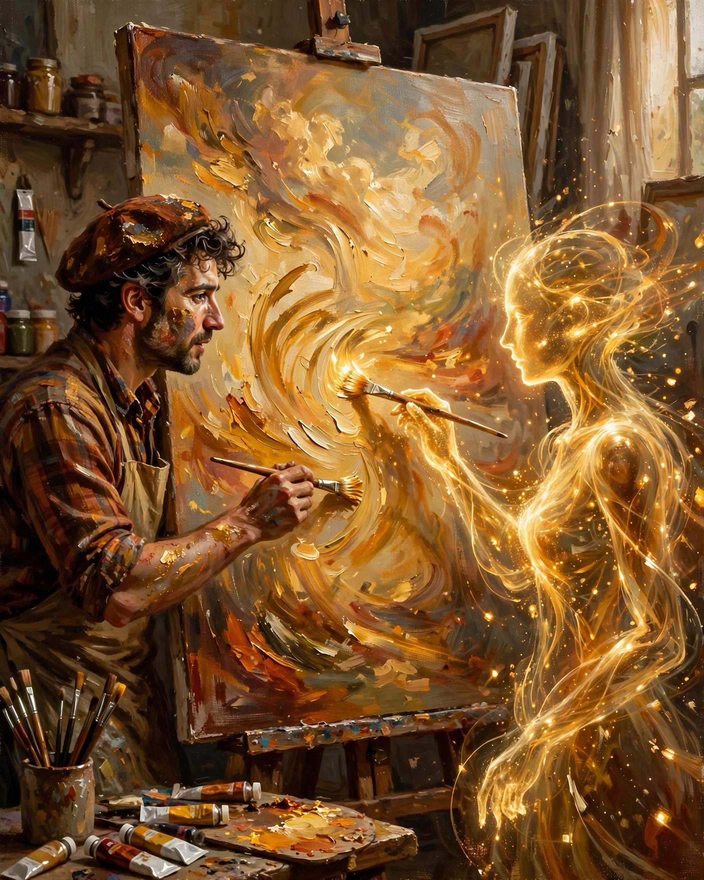 A human painter and a figure of golden light finishing each other's strokes on a canvas